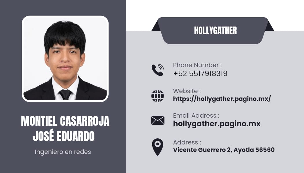 Tarjeta de presentación de Montiel Casarroja José Eduardo — Ingeniero en redes en Hollygather